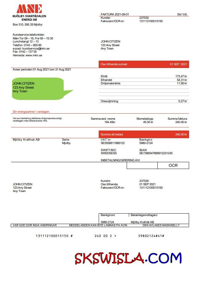 Szwecja Mjölby Kraftnat AB rachunek za media szablon w .doc i .format pdf
